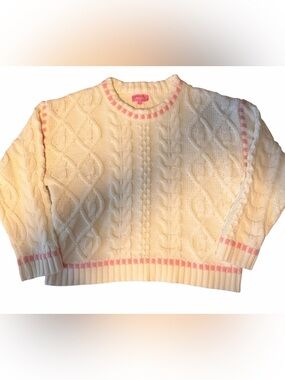 Cream Cable-Knit Crewneck Sweater with Pink Trim